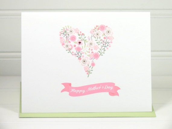 Mother’s Day Greeting Card with Pink Floral Heart, Matching Colored Envelope, Seal, Postage Stamp, and Personalized for the Recipient