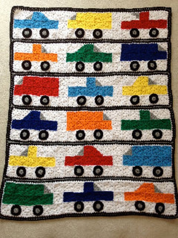 Baby or Toddler Boy Crocheted Blanket. Bright Colored Trucks.