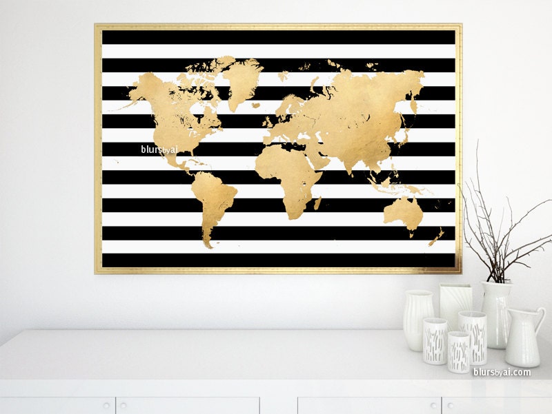 36x24 printable world map in faux gold foil and black