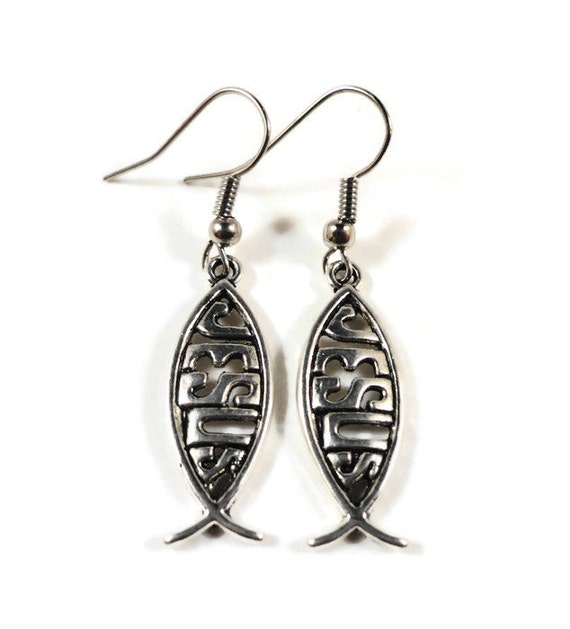 Jesus Fish Earrings Jesus Earrings Silver Charm Dangle