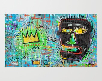 Funky Basquiat Rug, Urban Design, Bright Graffiti Rug for Kitchen Bathroom or Living Room, Great for Housewarming