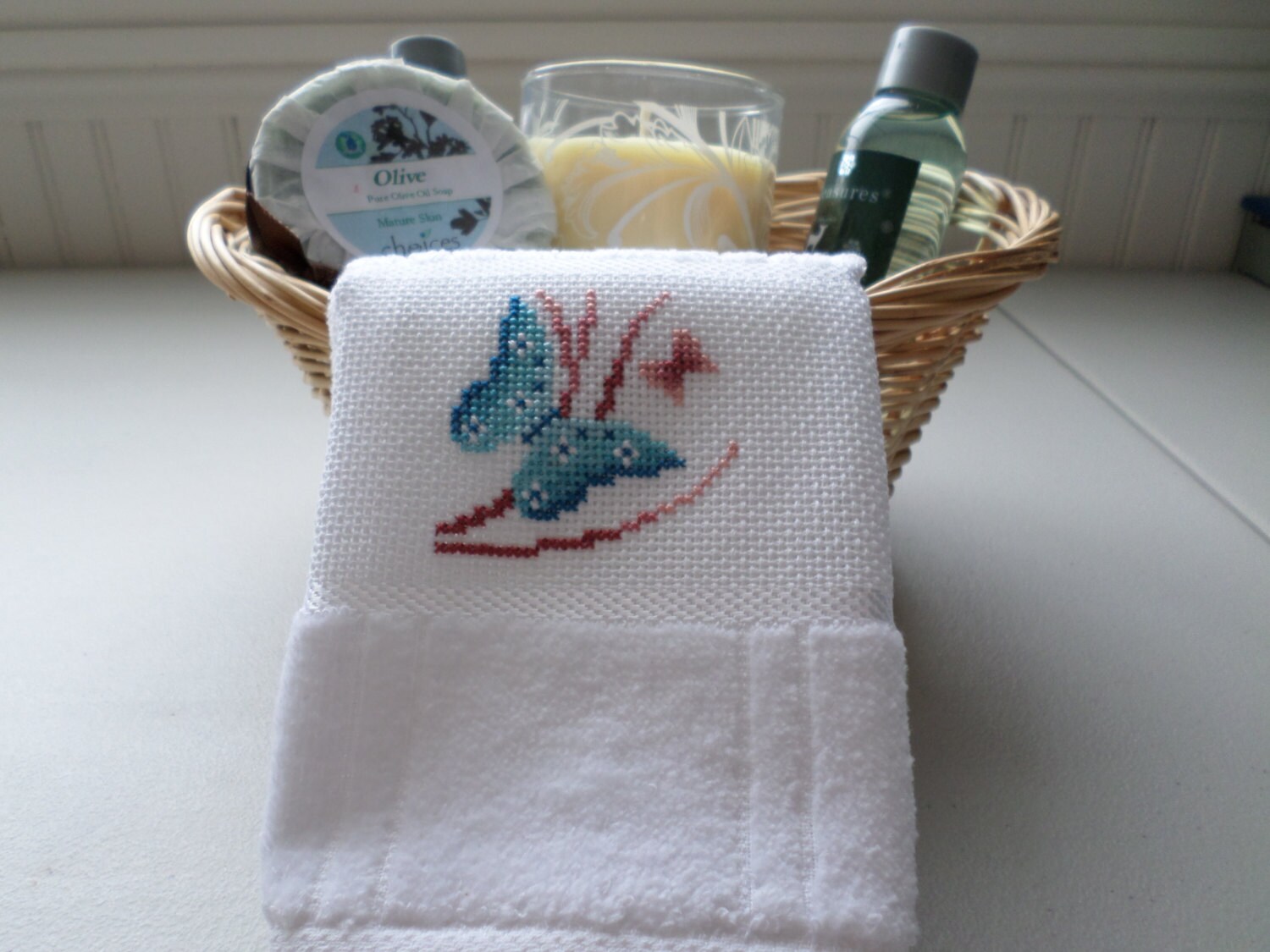 Cross Stitch Turquoise Butterfly Velour Fingertip Towel