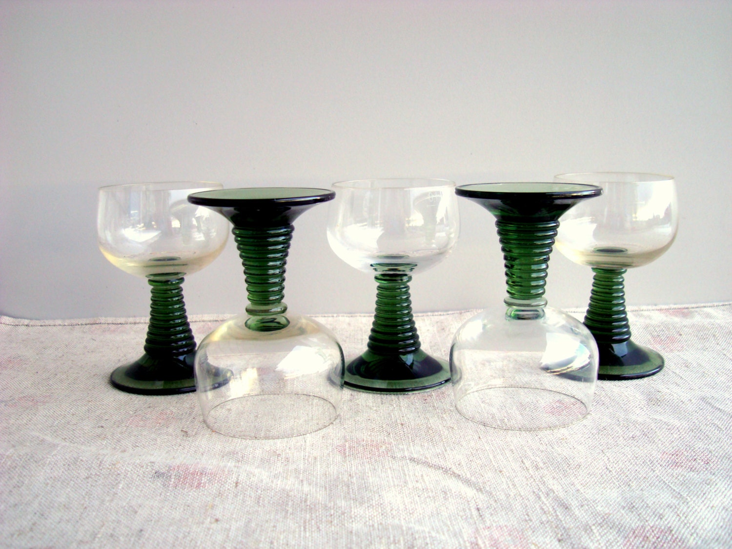 VINTAGE German wine glasses Set of 5 Ribbed Green Stem