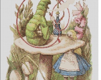 Counted Cross Stitch Pattern, Alice in Wonderland and Caterpillar, Lewis Carroll, Children, Paper Pattern or Complete Kit