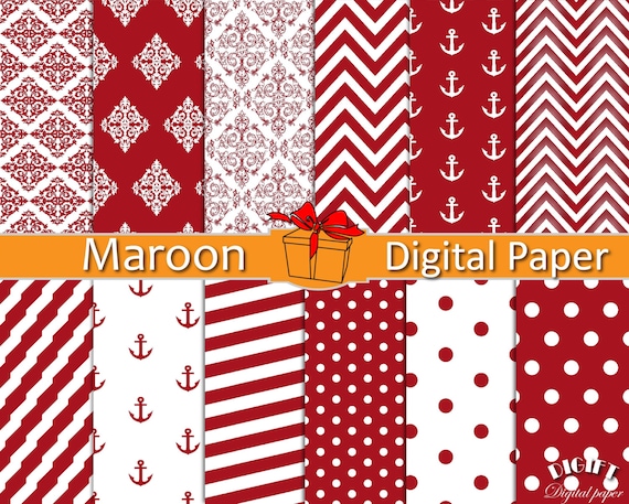 Maroon digital paper Dark red decor Maroon chevron fabric prints Red damask Red and white stripe Red polka dot invitation paper Maroon party