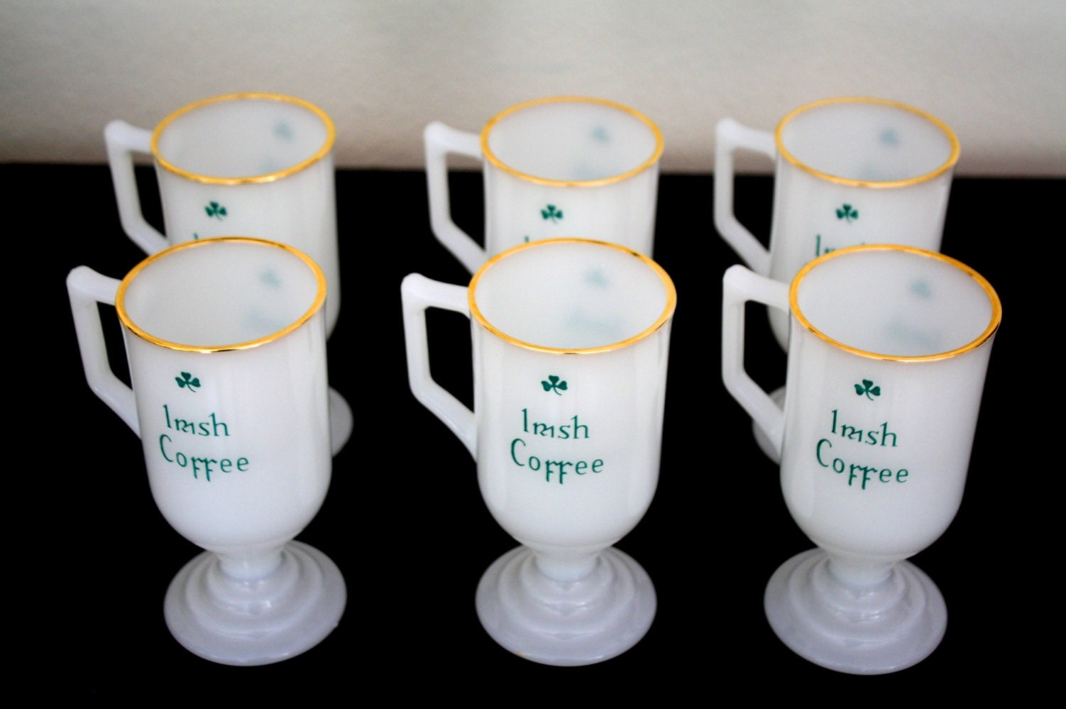 Set of 6 Irish Coffee Milk Glass Mugs / Gold Rims / Pedestal