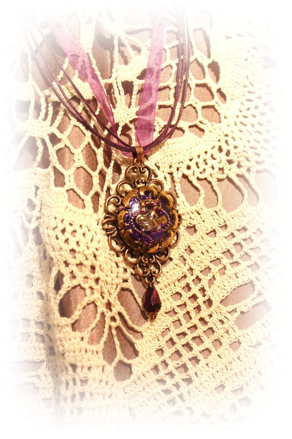 Czech Glass Button Pendant Necklace - Irridescent Purple on Rose Gold with a teardrop dangle bead - Victorian Steampunk Taffeta cord Jewelry