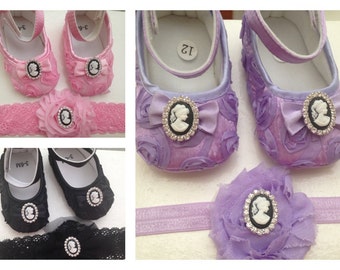 Pink/black/purple satin rosette baby shoes and headband set--black crib shoes-- newborn rosette shoes
