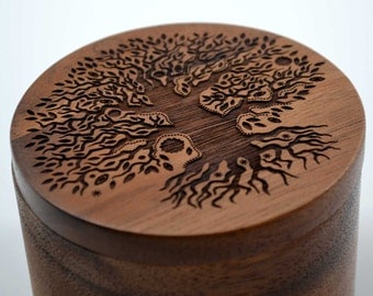 Tree of Life Salt Cellar w/Swivel Cover - Engraved Acacia Wood - For Salt, Herbs or Trinkets!