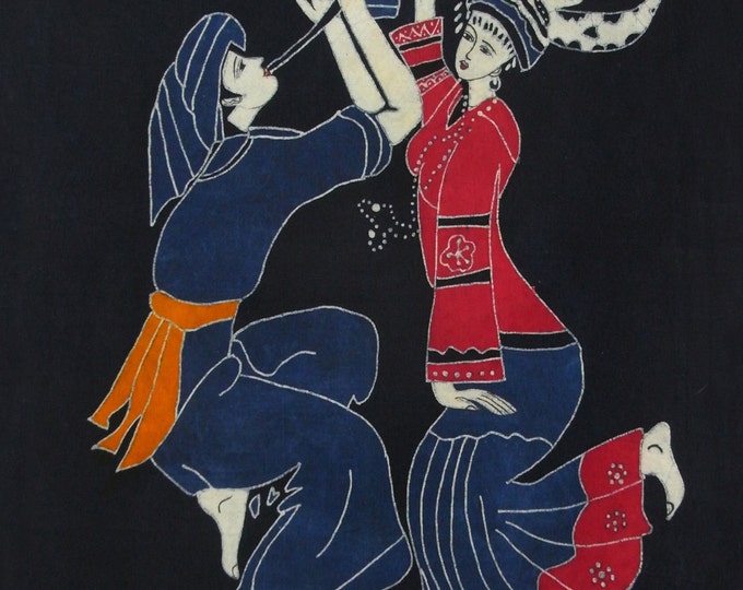 Lusheng Dancing - Monochrome Batik Painting Tapestry Wall Decor 33x27