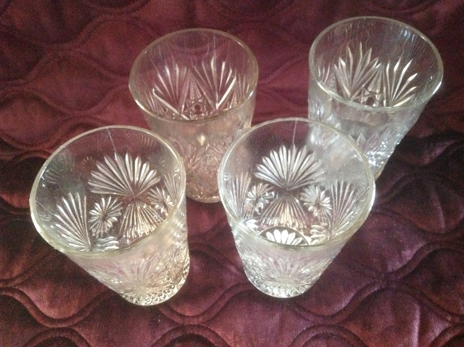 Art Deco glasses, 4 fancy glasses, fan design cut glass, vintage cut