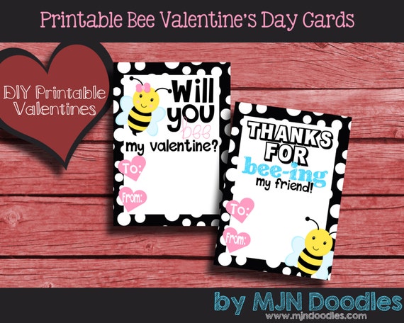 Printable Bee Valentine's Day Cards Instant Download by MJNDoodles