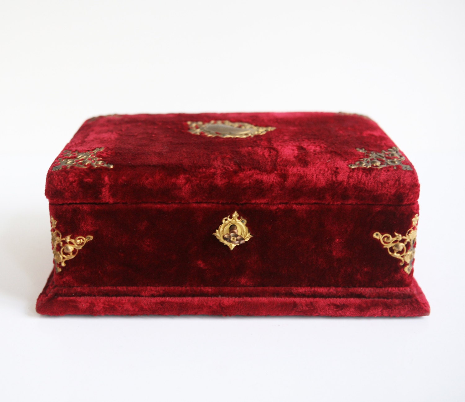 red velvet jewelry box, vintage French decor, locking trinket box with