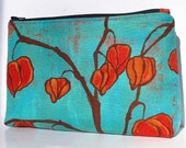 Zippered cosmetic pouch makeup bag women  in turquoise blue chinese lantern seed heads