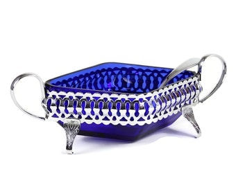 Small Condiment Dish, 3-Footed Chrome Stand, Cobalt Blue Glass