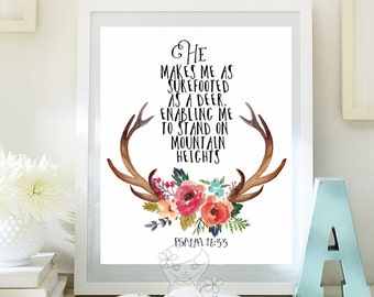 Bible Verse art Printable, as a Deer, scripture prints, Psalm 18 33, scripture decor, wall bible verse, nursery kid, printable Wall art 114