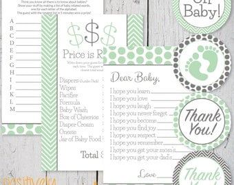 Mint Green and Gray Baby Shower Games Printable Pack- Printable Games and Labels