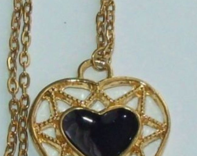 Storewide 25% Off SALE Beautiful Vintage Gold Tone Framed Black Enamel Heart Shaped Pendant Necklace Featuring a Large Onyx Styled Center Fo