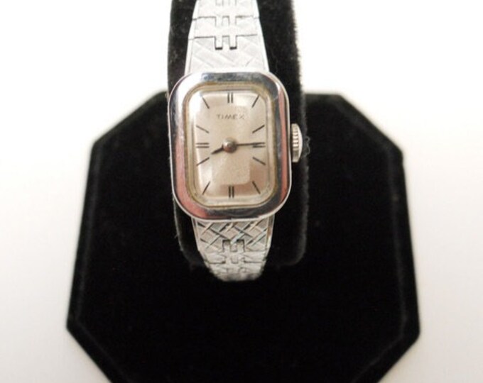 Storewide 25% Off SALE Vintage France Made Ladies Rectangular Bezel Timex Silver Tone Stylish Dress Watch Featuring Original Platinum White
