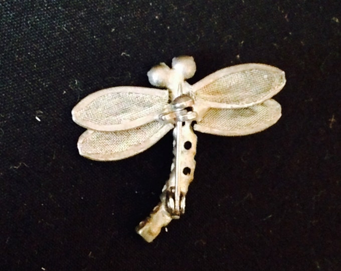 Storewide 25% Off SALE Enchanting Vintage Silver Tone Designer Petite Dragonfly Brooch Featuring Clear Body Rhinestones and Powder Blue Rhin