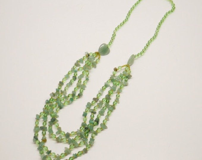 Storewide 25% Off SALE Vintage Natural Multi-Strand Jade Green Aventurine Stone Designer Bib Necklace Featuring Heart Shaped Accents