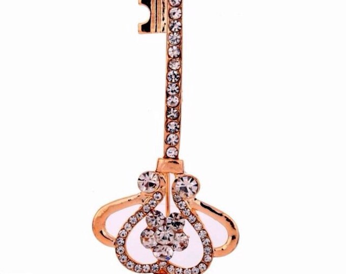 Storewide 25% Off SALE Beautiful Eclectic Articulated Gold Tone Skeleton Key Brooch Featuring Royal Crown Top & Articulated Rhinestone Accen