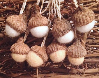 Natural wool felt acorn set-8 (tan and white) ornament gift tags ~