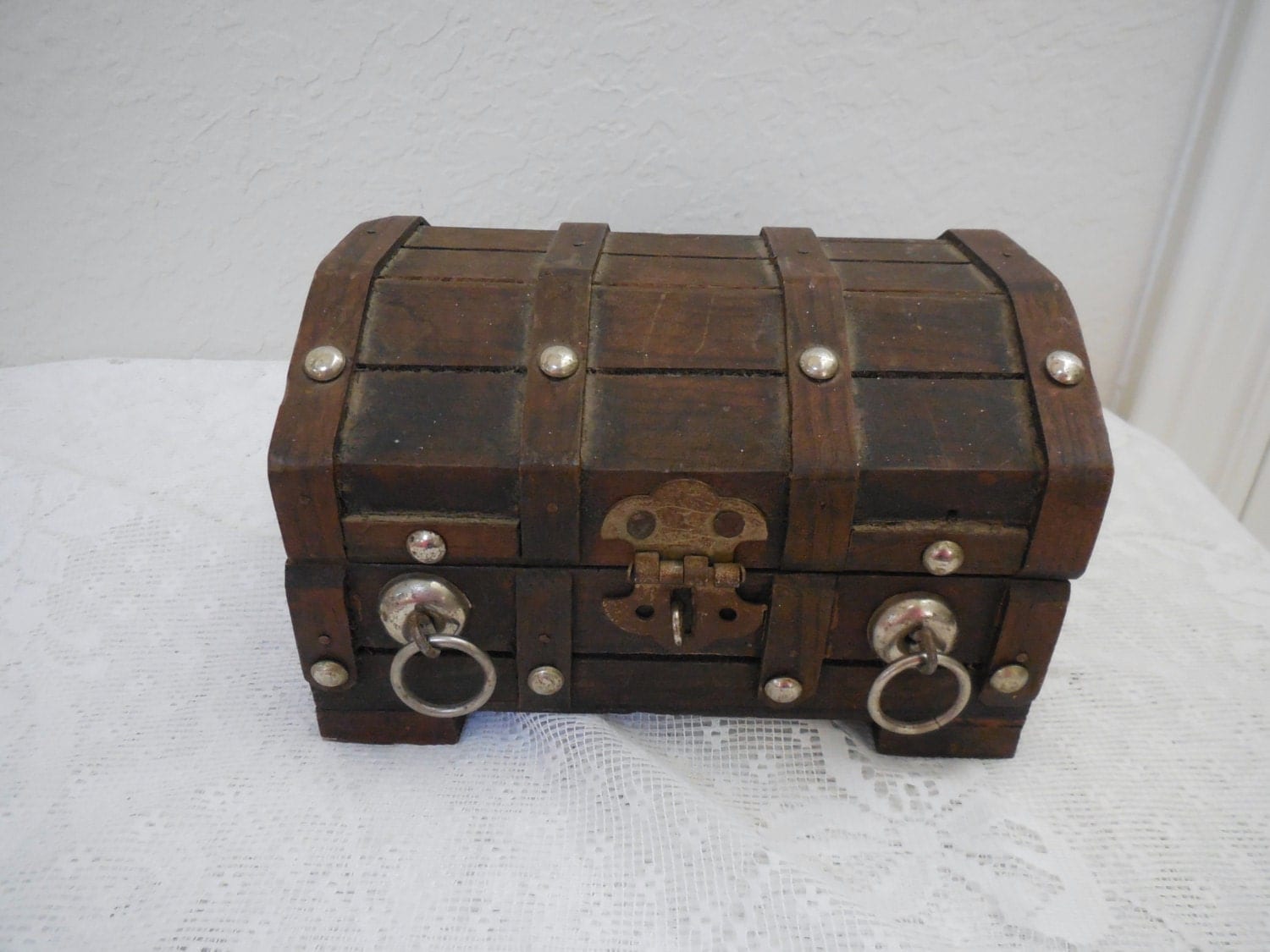 Steampunk Pirate Treasure Chest, Small Decorative Trinket Box.  Vintage Wooden Box