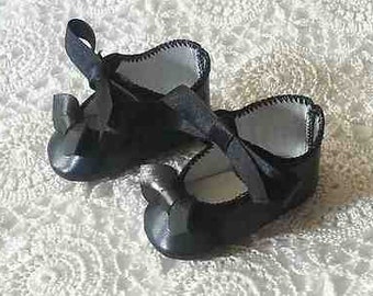 Antique Style 2 3/4" Black Leather Bebe Doll Shoes with Silk Bows