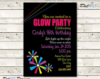 Glow in the Dark Invitation, Birthday Party Invite Card, pinwheels clipart, Digital File, JPG or PDF, Printable or E-card, Girl Girls