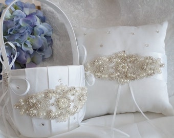 Flower Girl Basket, Ring Bearer Pillow, Wedding Basket and Pillow Set - Style 310