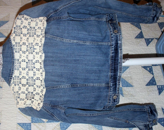 HALF PRICE ** Up-cycled Recycled Denim and Lace Jacket. Girls Size Medium. Embellished with Hand-made Vintage Lace.