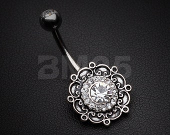 Vintage Filigree Flower Multi-Gem Belly Button Ring