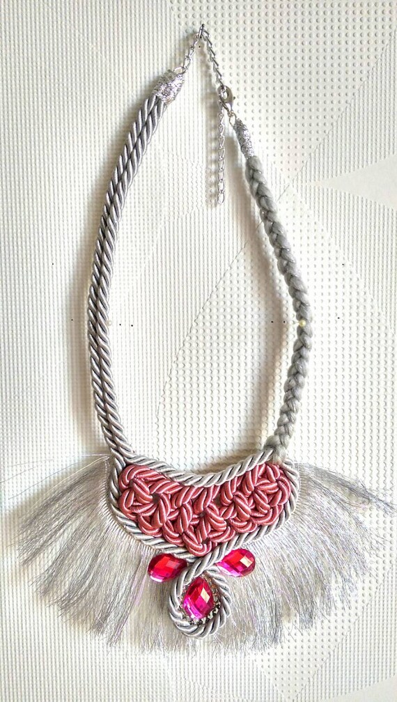 Grey rope necklace Braid necklace pink Silver by SaraKeyHandmade