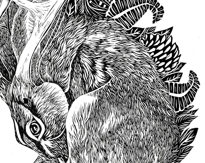 Jackalope Linocut Illustration Relief Print A2 Hare Rabbit