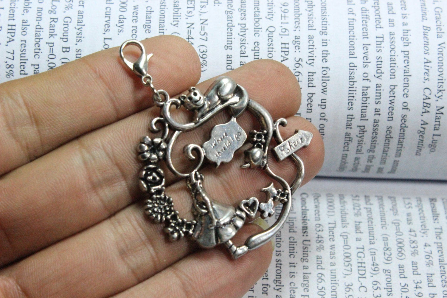 Alice in Wonderland Charms Pendant Antique silver tone, fairy tale world Charms Connector 42x43mm