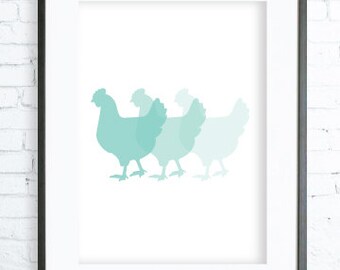 Instant Download Printable, Turquoise chickens, Print Art, modern art, digital art, turquoise chickens print, Chicken Art, Rooster Art
