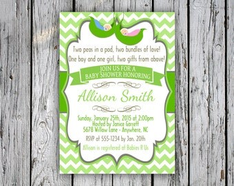 Twins Baby Shower Invitation - Two Peas in a Pod Baby Shower Invite - Chevron - Green - Digital File - Print Yourself
