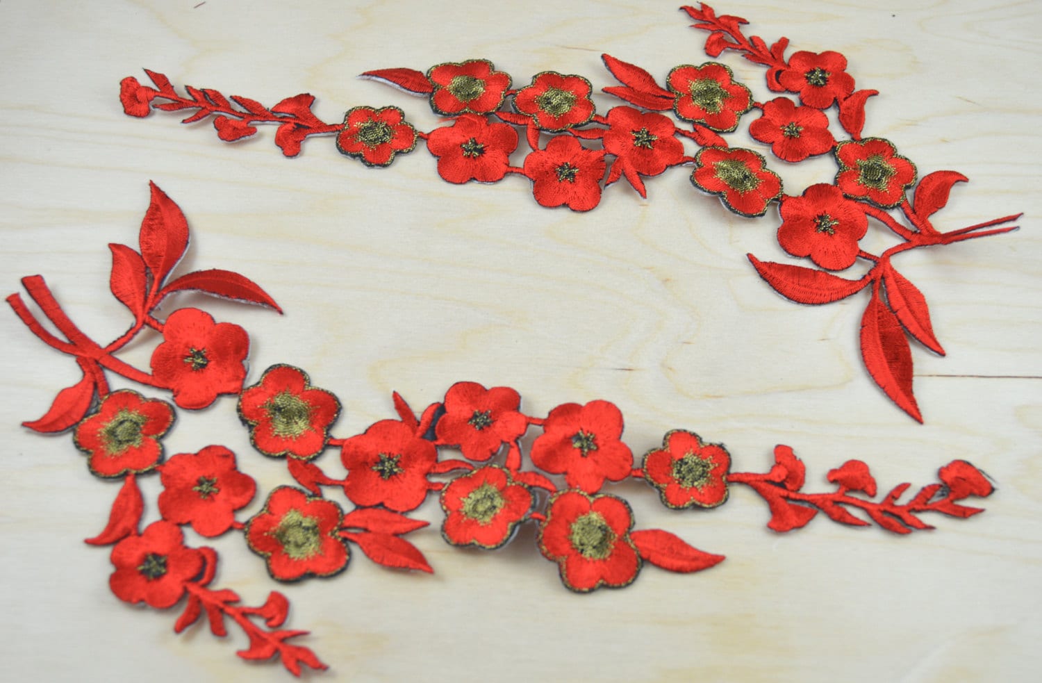 2 Red Embroidery Flower Patches/ Applique with Antique Gold