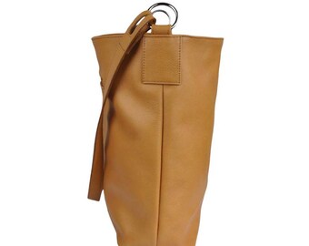 camel color leather tote bag