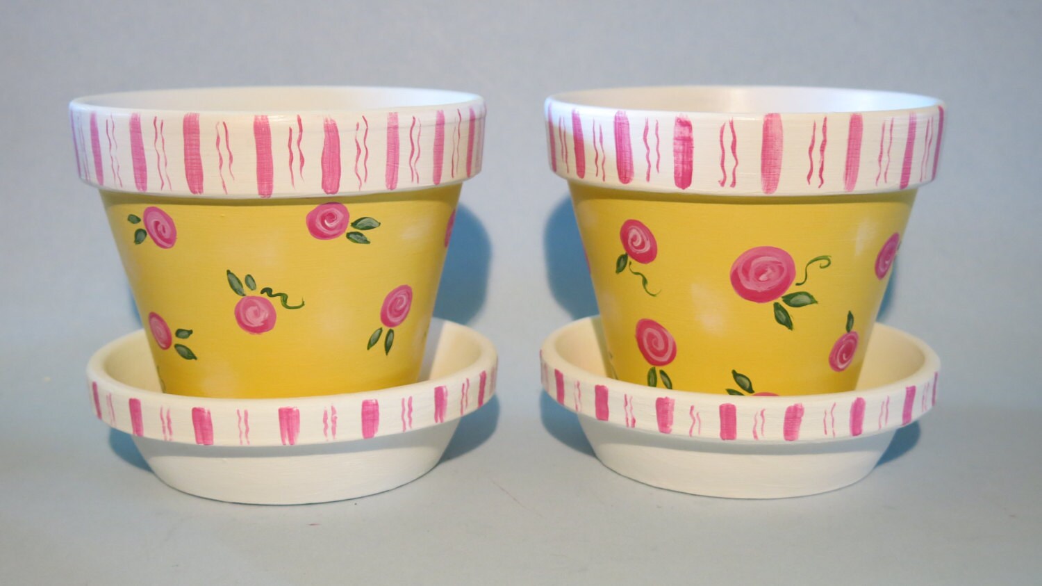 Set of 2 4 clay pots and saucers 4 inch yellow