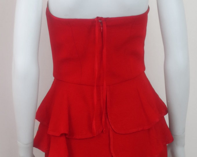 80s Asian silk jacquard red crepe Lida Baday ruffle peplum strapless mini cocktail dress