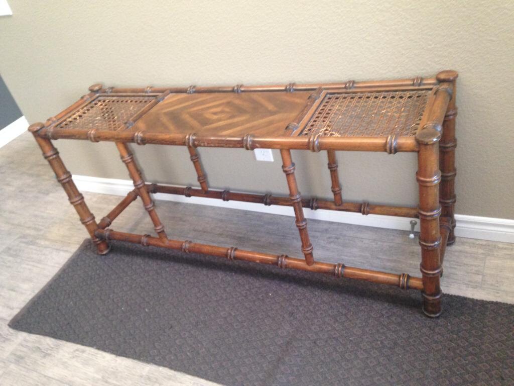 Vintage Faux bamboo Wood Entry Table with Cane Shelves modern hollywood ...