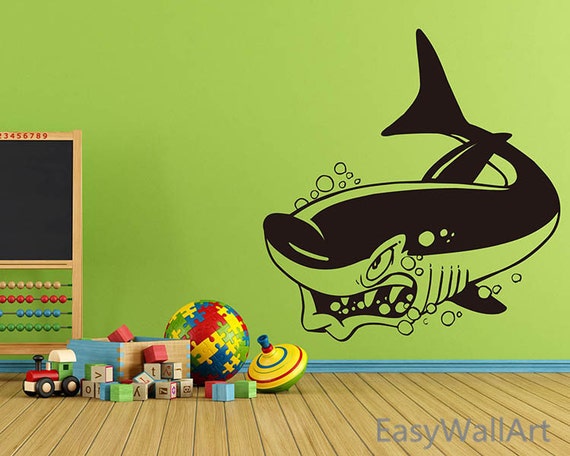 Shark Wall Decal, Cartoon Shark Decal, Vinyl Shark Wall Art Decor Stickers for Nursery, Playroom, Kindergarten & Children's Room #A28