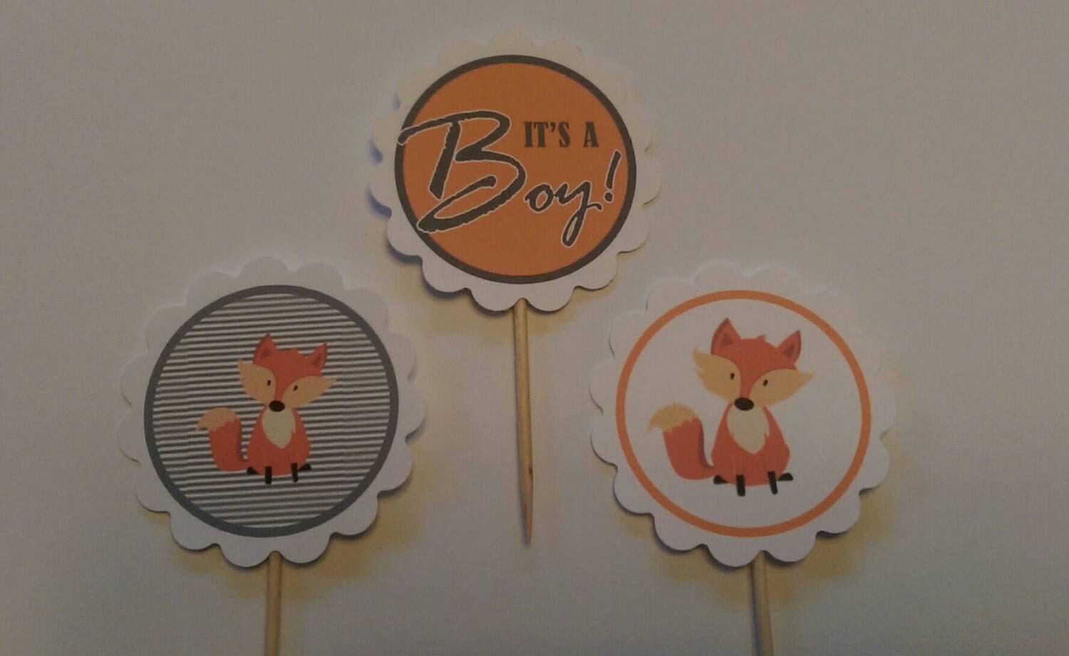 Baby Shower It's a Boy and Fox themed cupcake toppers
