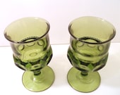 Vintage Green King's Crown Thumbprint Glass, Set of 2 Wine Goblets, Indiana Glassware, Olive Green, Water Glass, 1960s, 1970s