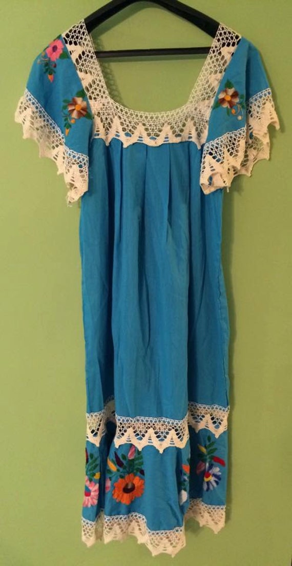 Mexican light blue vintage maxi dress beautifully embroidered