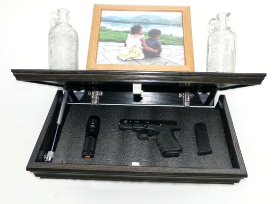 23" Oak Wall Shelf With Drop Down Hidden  Secret Compartment For Hand Guns,Jewelry,Valuables,Etc..