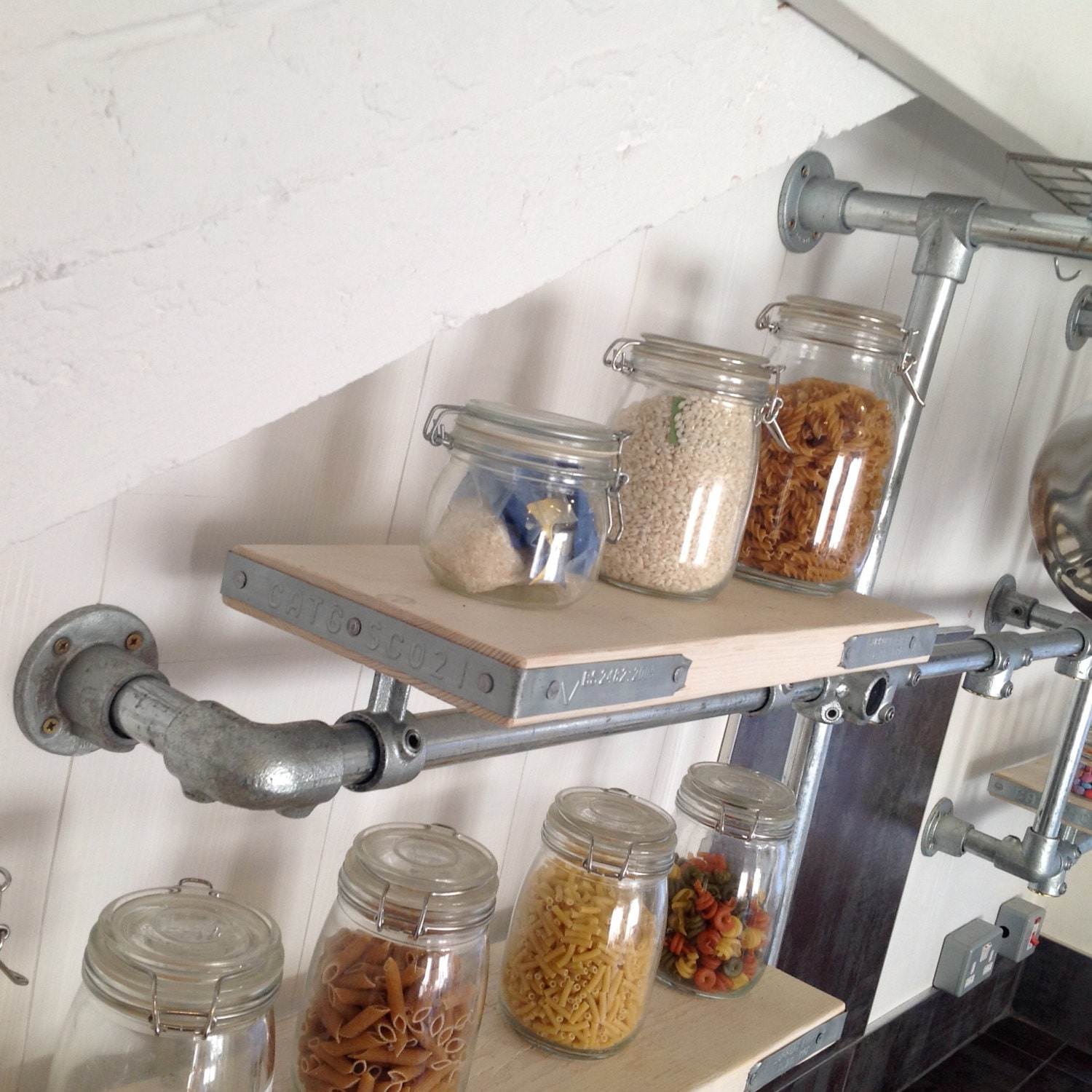 Wall Mounted Industrial Kitchen Shelves and Pan by RatAndPallet