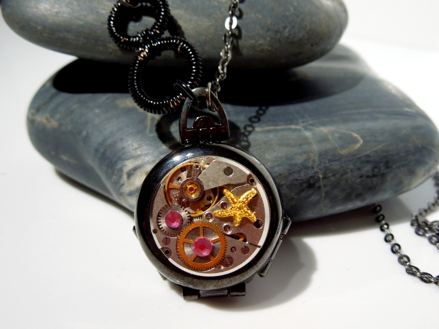 Steampunk Watch Movement in Black Vintage Folding Photo Locket Pendant Necklace. Pink Czech's crystals, Starfish deco, Infinity connector.
